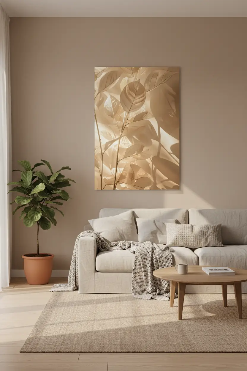 Les Feuilles d'Or — Affiche murale minimaliste végétale sable, affiche murale minimaliste avec cadre bois, décoration murale salon ou chambre, style méditerranéen