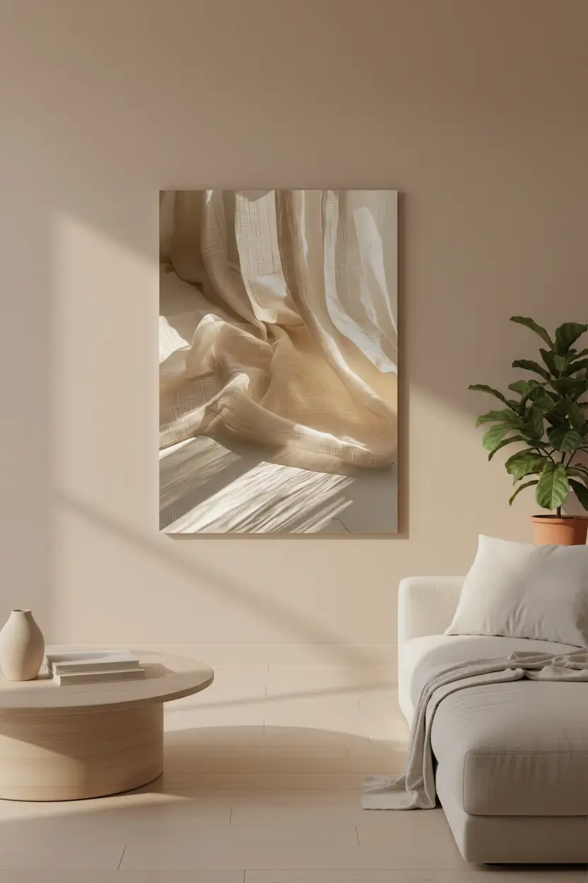 Le Rideau de Lin — Affiche murale minimaliste ivoire texture lumière, affiche murale minimaliste avec cadre bois, décoration murale salon ou chambre, style méditerranéen