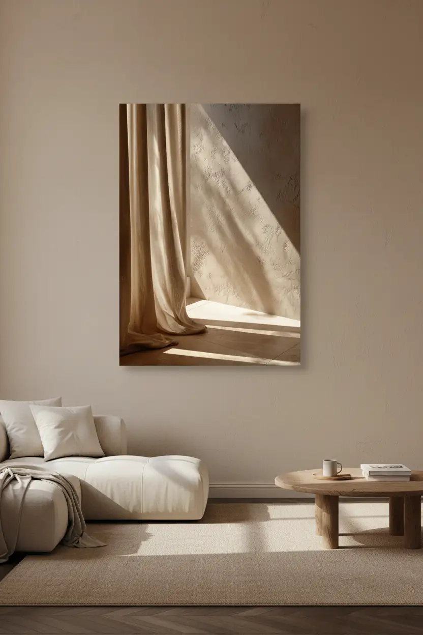 Le Rideau et la Lumière — Affiche murale minimaliste ivoire sable lumière, affiche murale minimaliste avec cadre bois, décoration murale salon ou chambre, style méditerranéen