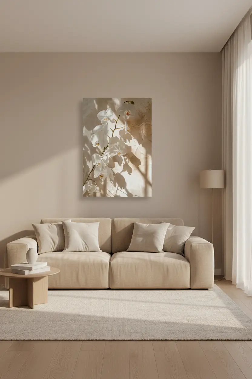 La Branche d'Orchidée — Affiche murale minimaliste florale ivoire, affiche murale minimaliste avec cadre bois, décoration murale salon ou chambre, style méditerranéen