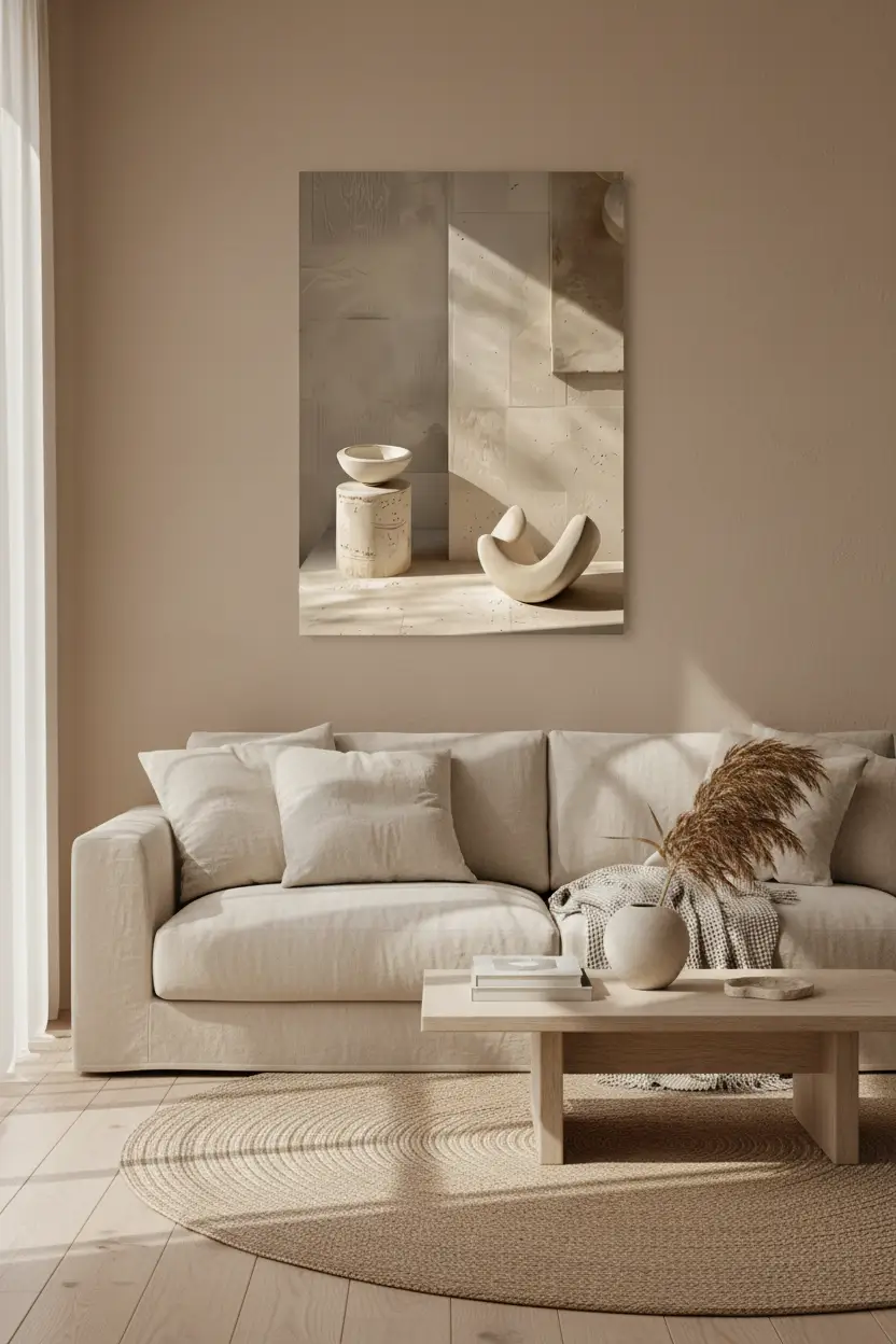 L'Offrande de Pierre — Affiche murale minimaliste sable minéral, affiche murale minimaliste avec cadre bois, décoration murale salon ou chambre, style méditerranéen