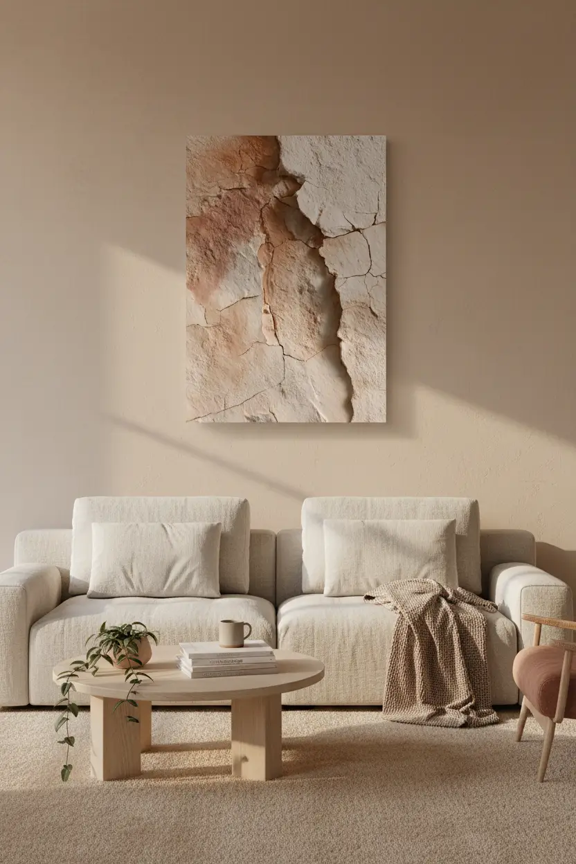 La Faille Rose — Affiche murale minimaliste minérale ivoire, affiche murale minimaliste avec cadre bois, décoration murale salon ou chambre, style méditerranéen