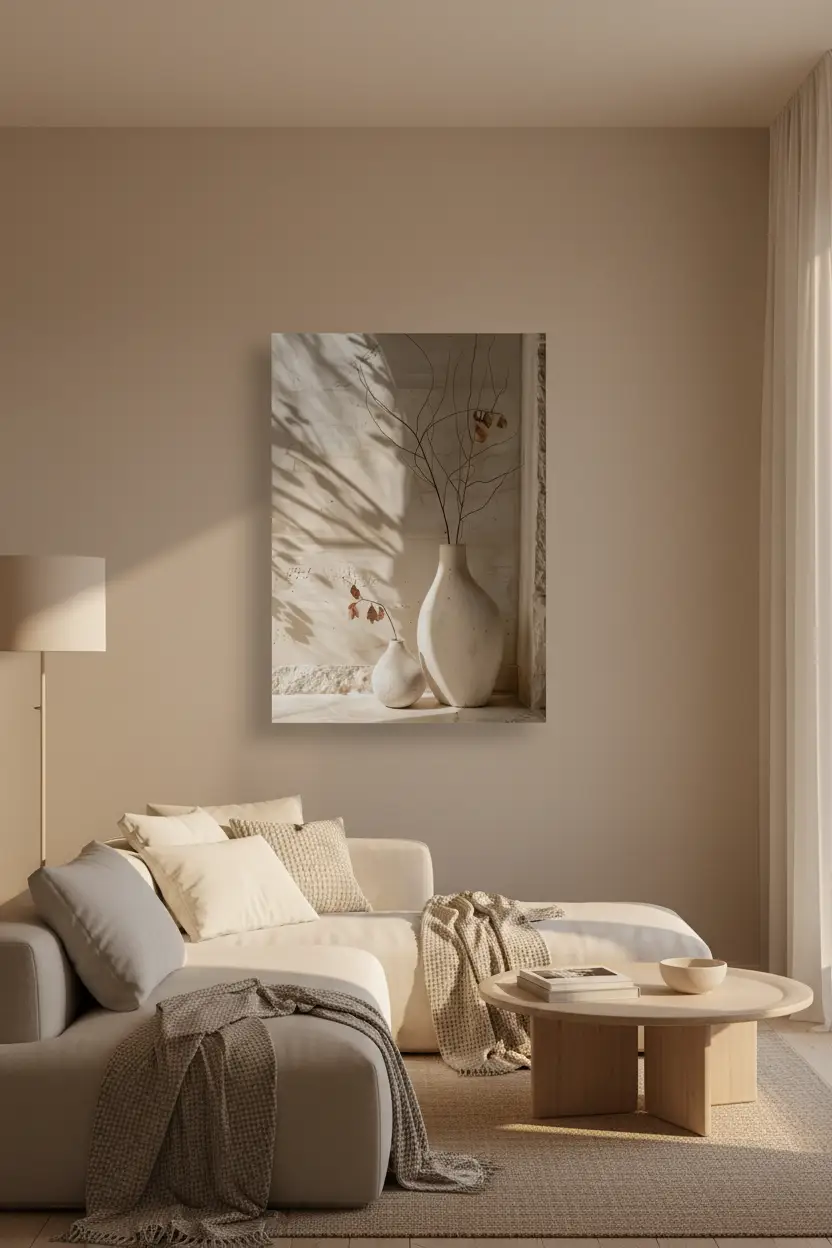 L'Ombre des Branches — Affiche murale minimaliste ivoire minéral, affiche murale minimaliste avec cadre bois, décoration murale salon ou chambre, style méditerranéen