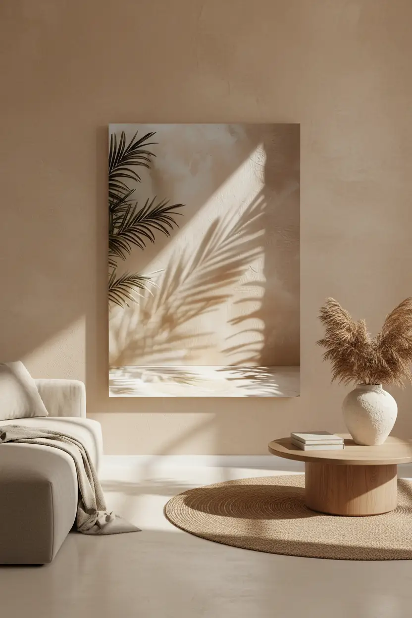 L'Areca et son Ombre — Affiche murale minimaliste sable végétal, affiche murale minimaliste avec cadre bois, décoration murale salon ou chambre, style méditerranéen