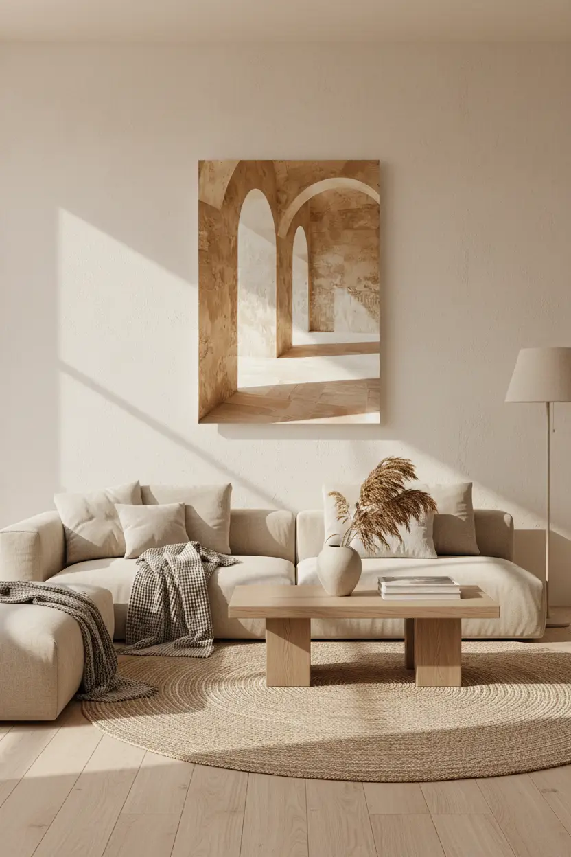 La Salle des Arches — Affiche murale minimaliste ocre architecture, affiche murale minimaliste avec cadre bois, décoration murale salon ou chambre, style méditerranéen
