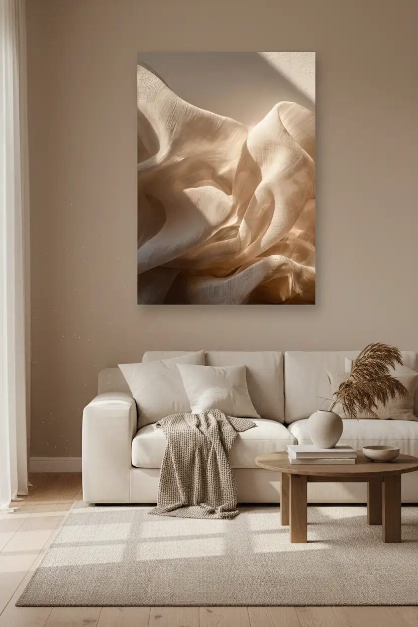 Les Vagues de Lin — Affiche murale minimaliste ivoire texture abstrait, affiche murale minimaliste avec cadre bois, décoration murale salon ou chambre, style méditerranéen