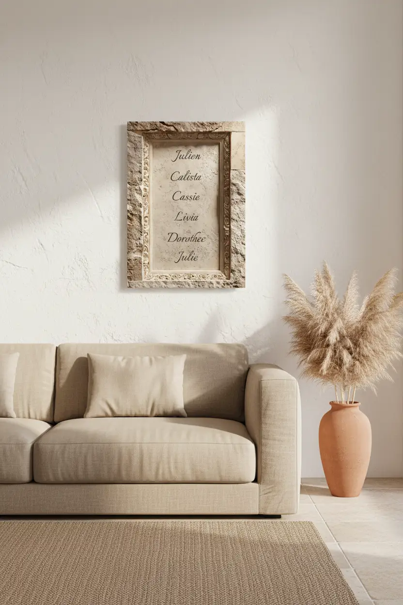 Les Prénoms Gravés — Affiche murale personnalisable pierre méditerranéenne, affiche murale minimaliste avec cadre bois, décoration murale salon ou chambre, style méditerranéen