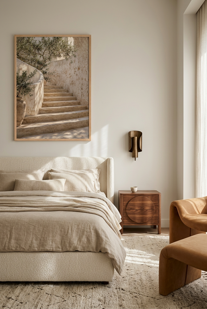 The Winding Staircase — poster in a solid oak frame in a bedroom