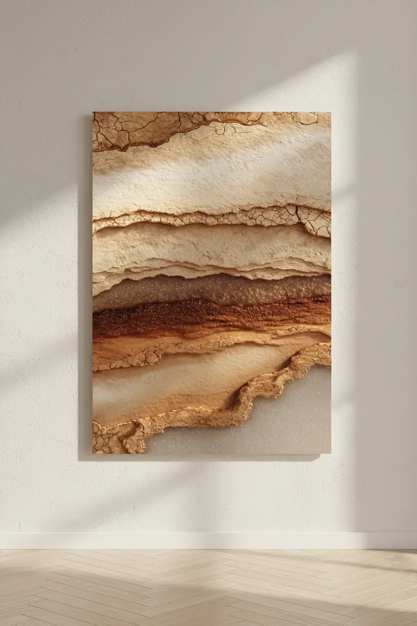Les Strates de l’Ocre — Affiche murale minimaliste macro strates sédimentaires grès ocre brun lumière rasante minéral, affiche murale minimaliste avec cadre bois, décoration murale salon ou chambre, style méditerranéen