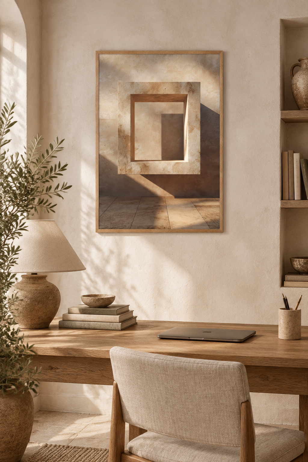 Poster The Square Doorframe — square stone frame and its cast shadow, above a wooden desk with a ceramic lamp