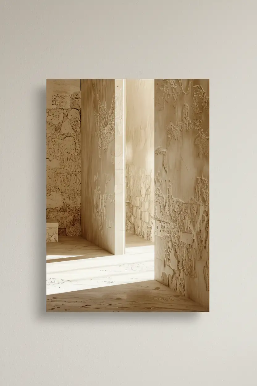 La Fente de Lumière — Affiche murale minimaliste pierre calcaire brute fente lumière architecture, affiche murale minimaliste avec cadre bois, décoration murale salon ou chambre, style méditerranéen