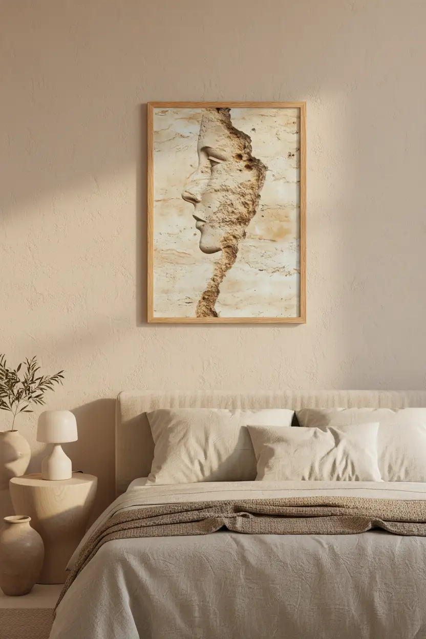 La Strate — Affiche murale minimaliste beige ivoire visage profil pierre travertin abstrait — affiche murale minimaliste | Cassili-home