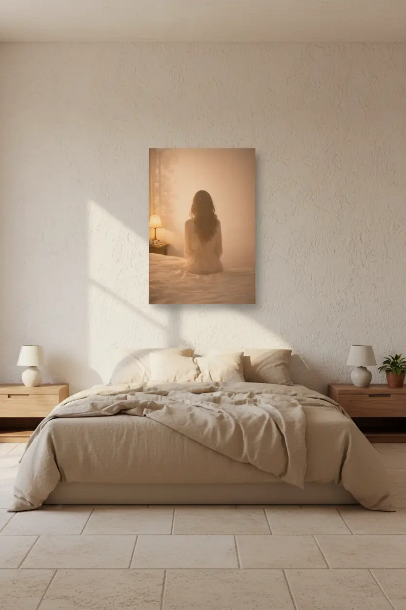 L'Aube Silencieuse — Affiche murale minimaliste silhouette féminine lumière dorée chambre, affiche murale minimaliste avec cadre bois, décoration murale salon ou chambre, style méditerranéen
