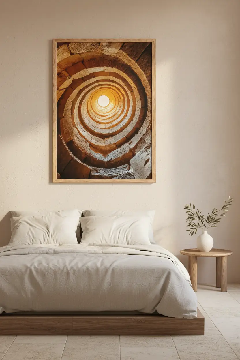 L’Oracle — Minimalistische wandposter goud zand put licht spiraal