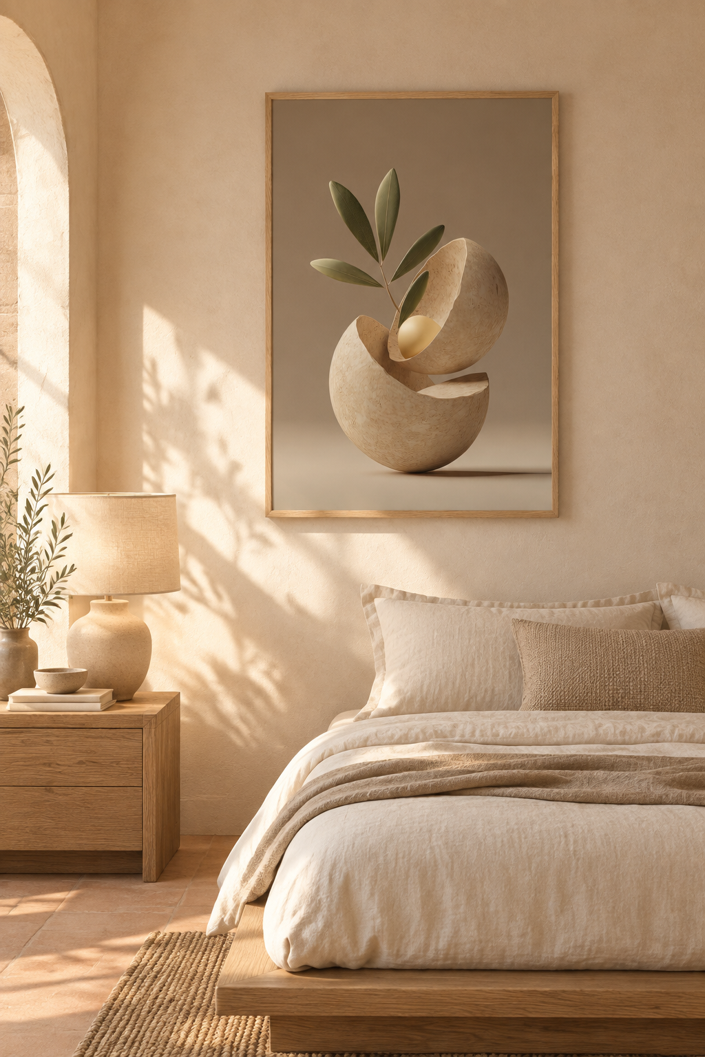 Poster The Opened Seed — opened stone seed with a single leaf, above a linen bed in a light bedroom