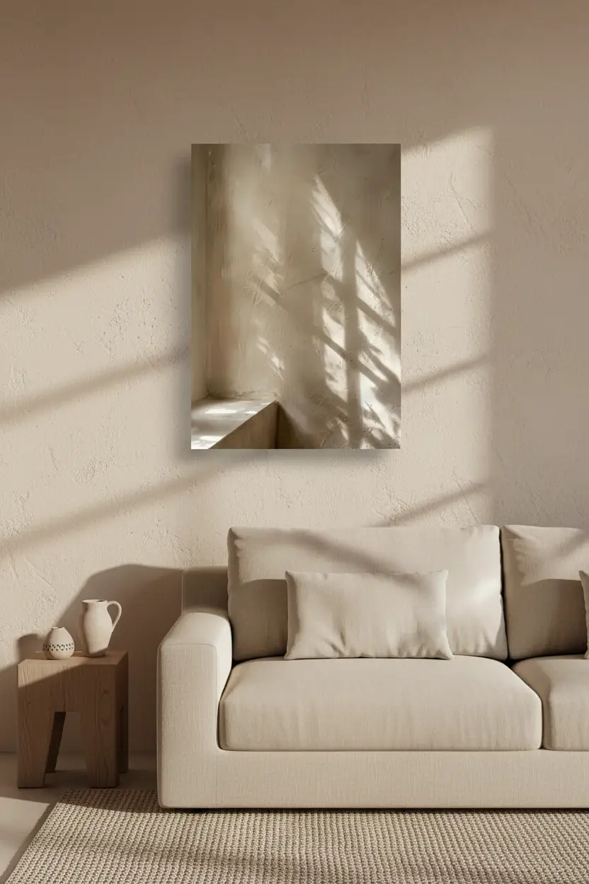 Les Ombres du Soir — Affiche murale minimaliste ombres fenêtre mur enduit sable courbe, affiche murale minimaliste avec cadre bois, décoration murale salon ou chambre, style méditerranéen