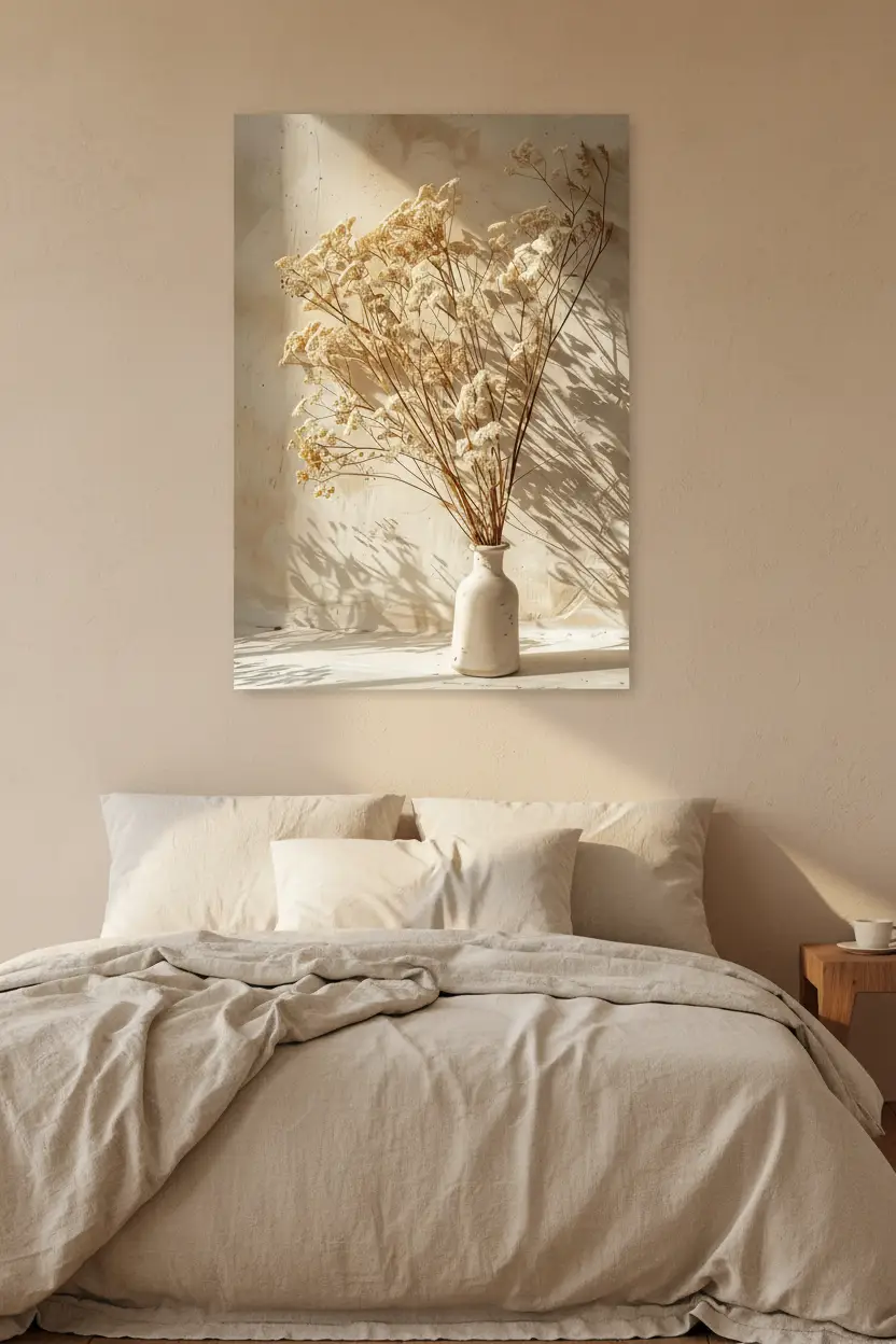 Le Bouquet d’Ivoire — Affiche murale minimaliste fleurs séchées ivoire vase céramique végétal, affiche murale minimaliste avec cadre bois, décoration murale salon ou chambre, style méditerranéen