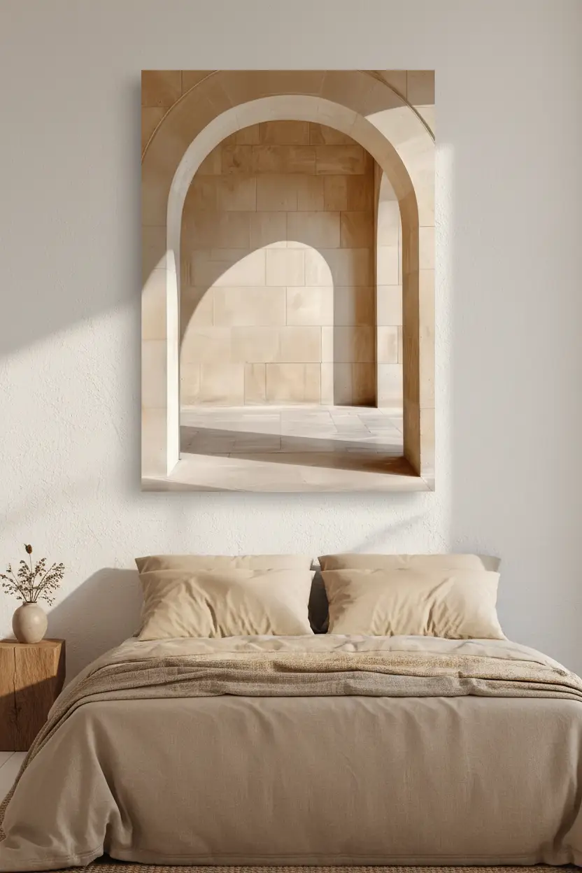 L'Arche et Son Ombre — Affiche murale minimaliste arche pierre calcaire ombre sable ivoire, affiche murale minimaliste avec cadre bois, décoration murale salon ou chambre, style méditerranéen