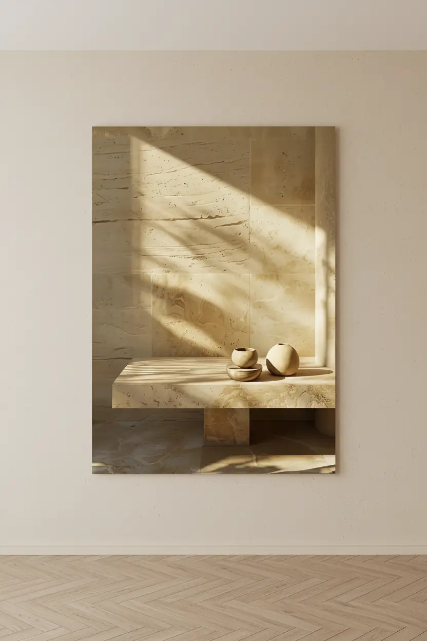 Le Banc de Pierre — Affiche murale minimaliste banc travertin céramiques sable lumière minéral, affiche murale minimaliste avec cadre bois, décoration murale salon ou chambre, style méditerranéen