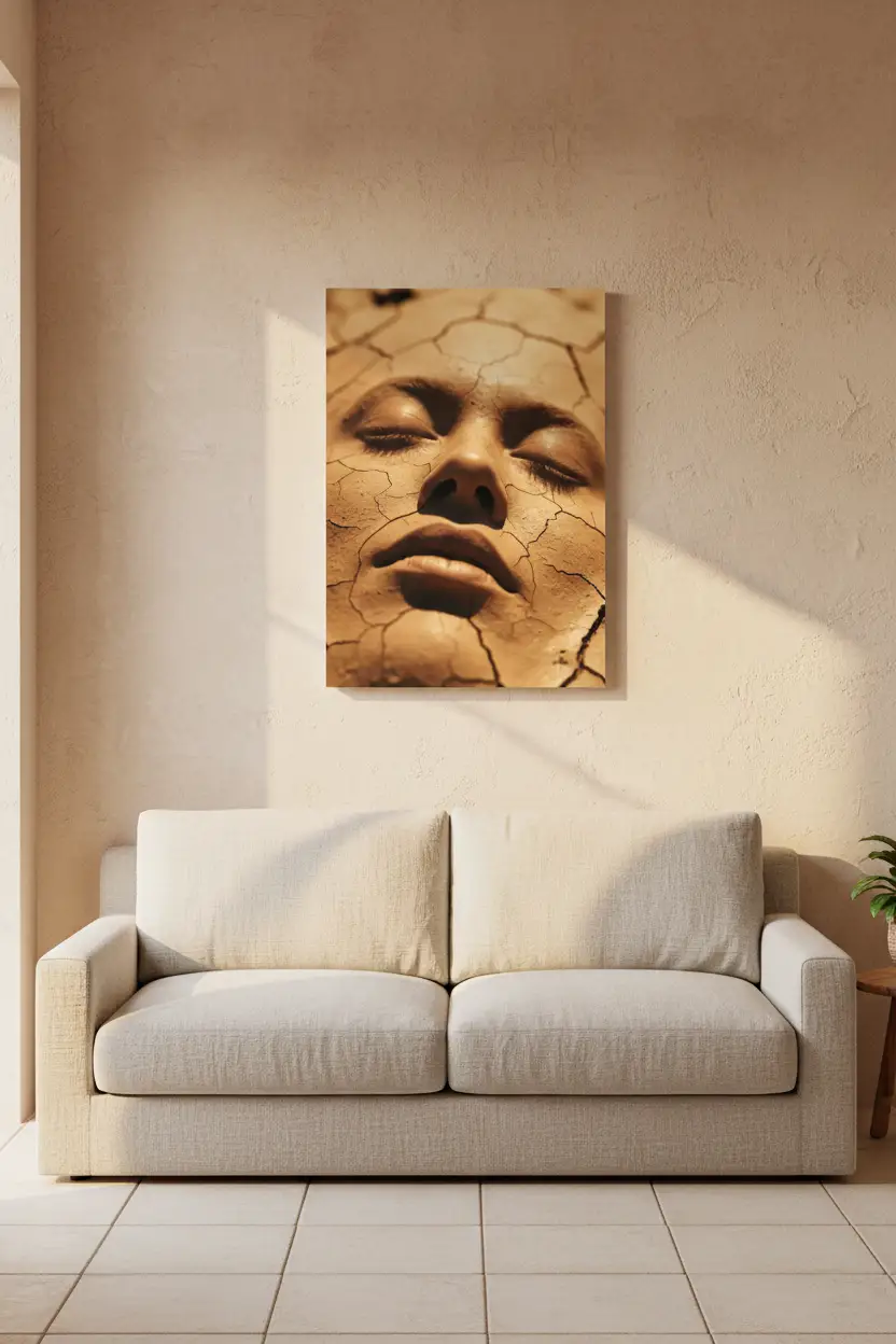La Terre et le Visage — Affiche murale minimaliste ocre doré visage abstrait, affiche murale minimaliste avec cadre bois, décoration murale salon ou chambre, style méditerranéen