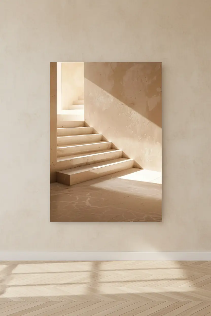 L’Escalier de Sable — Affiche murale minimaliste escalier enduit sable lumière triangle ombres architecture, affiche murale minimaliste avec cadre bois, décoration murale salon ou chambre, style méditerranéen