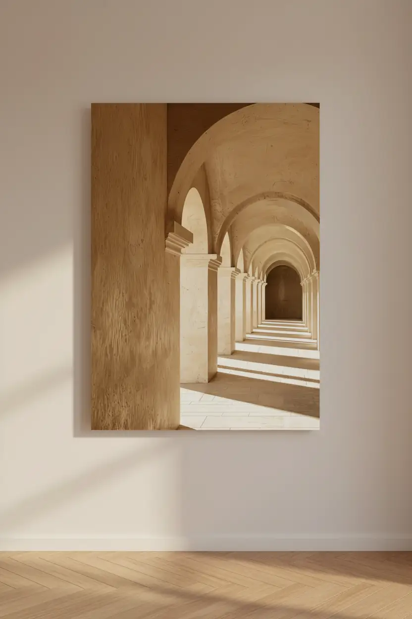 La Galerie des Arches — Affiche murale minimaliste couloir voûté arches romanes colonnes calcaire lumière architecture, affiche murale minimaliste avec cadre bois, décoration murale salon ou chambre, style méditerranéen