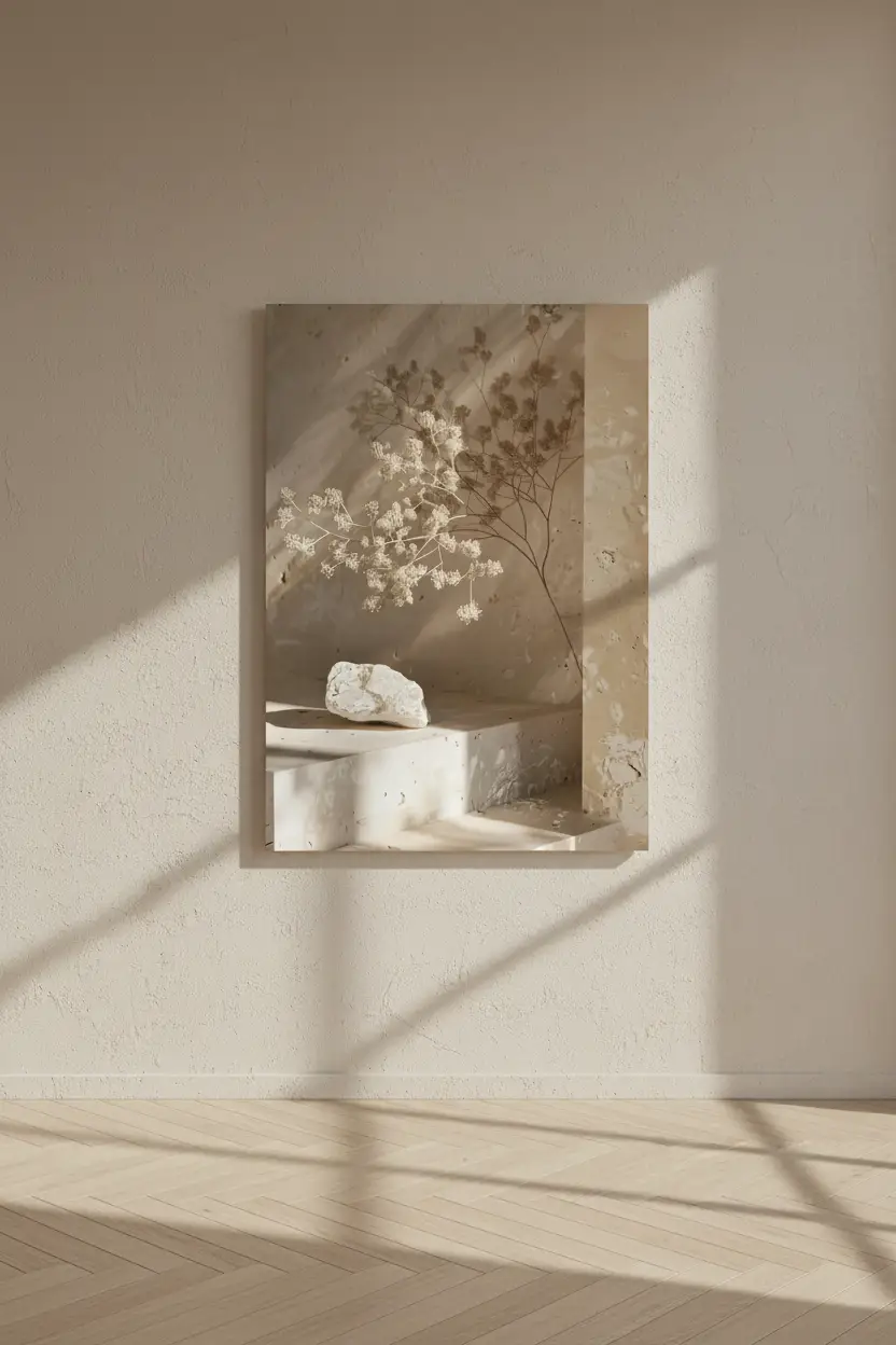 La Branche et la Pierre — Affiche murale minimaliste béton sable branche séchée pierre brute, affiche murale minimaliste avec cadre bois, décoration murale salon ou chambre, style méditerranéen