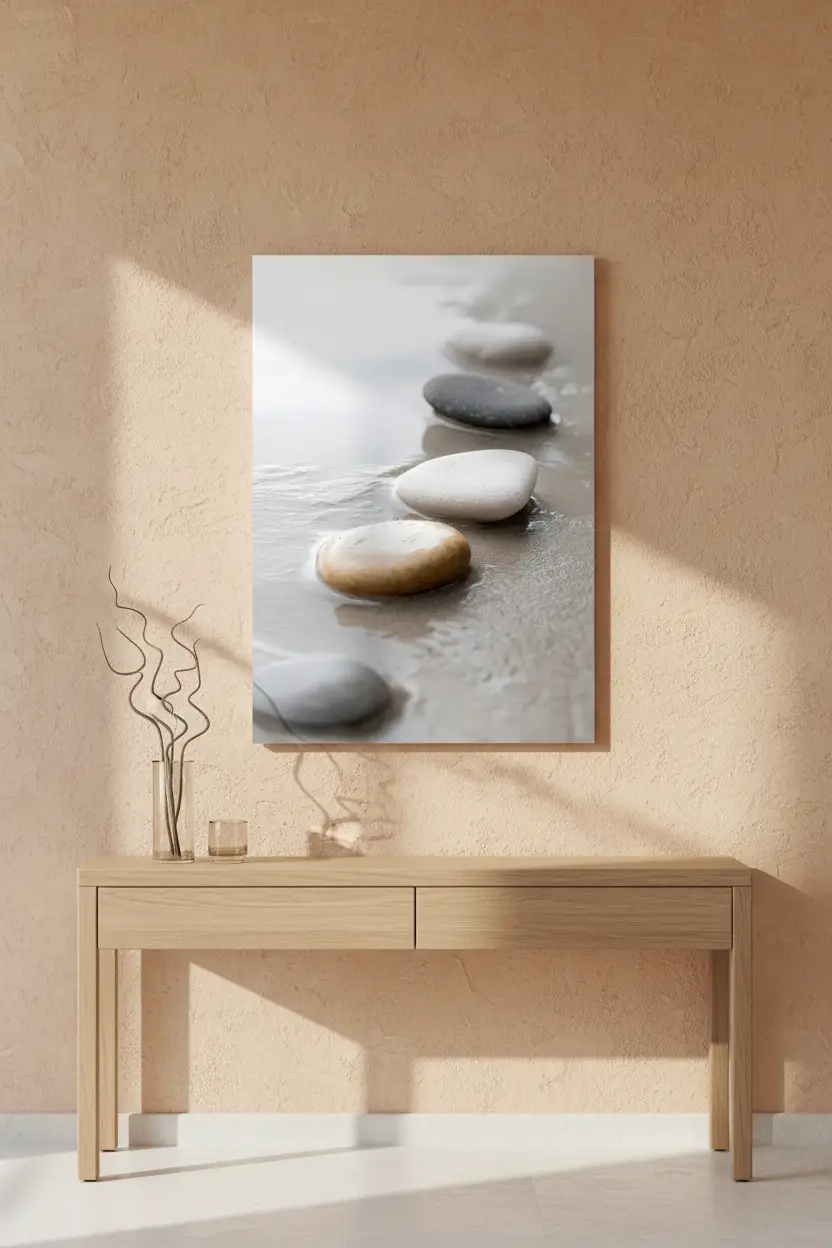 Laissés par la Vague — Affiche murale minimaliste galet blanc gris beige — affiche murale minimaliste | Cassili-home