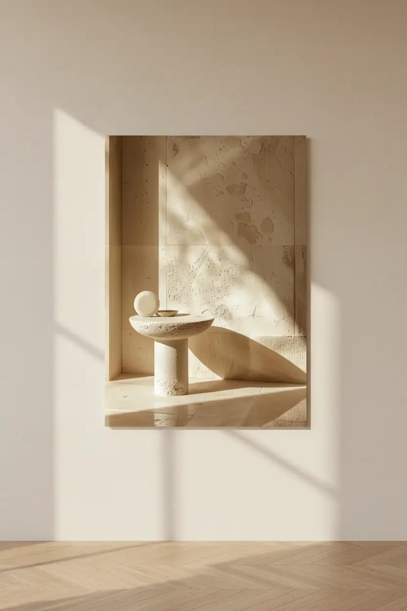 L’Autel de Pierre — Affiche murale minimaliste travertin table sculpturale sphère ivoire minéral, affiche murale minimaliste avec cadre bois, décoration murale salon ou chambre, style méditerranéen
