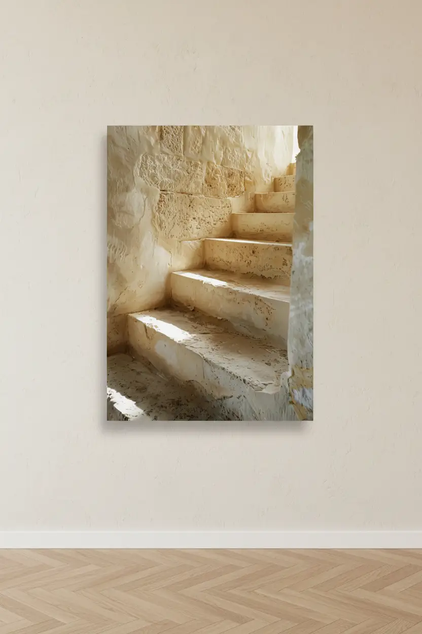 Les Marches de Pierre — Affiche murale minimaliste escalier calcaire brut texture érosion architecture, affiche murale minimaliste avec cadre bois, décoration murale salon ou chambre, style méditerranéen