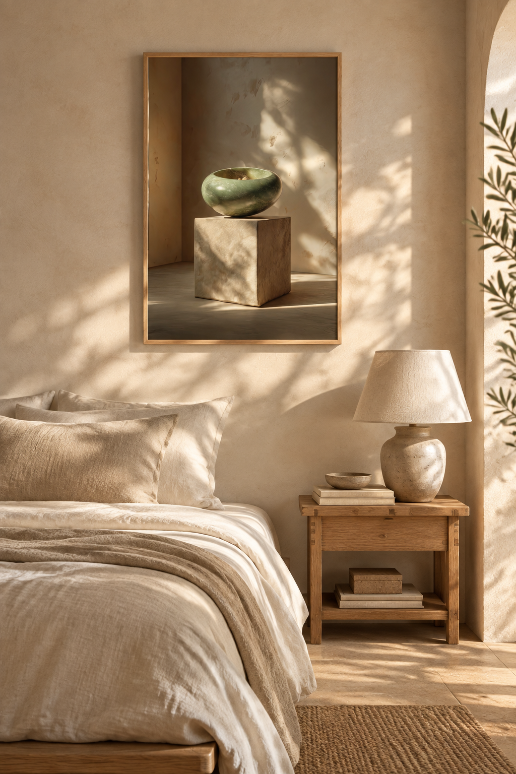 Poster La Giada e il Cubo — ciottolo verde giada in equilibrio su un cubo di pietra, sopra un letto in lino, in una camera chiara