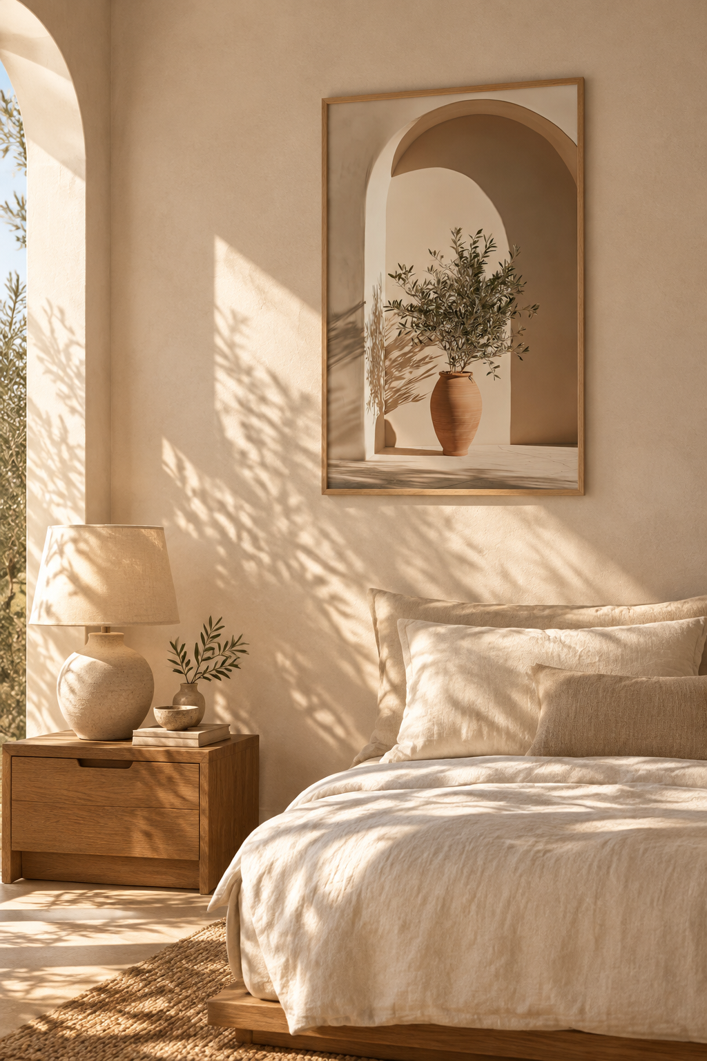 Poster The Rest Beneath the Arch — plaster arch and terracotta jar with an olive branch, above a linen bed in a light bedroom