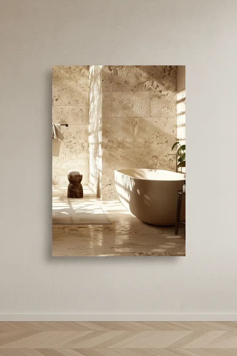 La Salle de Travertin — Affiche murale minimaliste salle de bain travertin brut baignoire îlot lumière architecture, affiche murale minimaliste avec cadre bois, décoration murale salon ou chambre, style méditerranéen