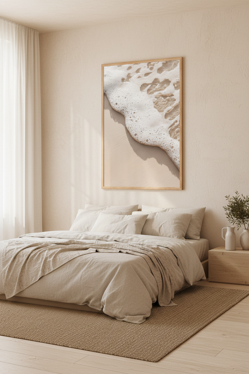 The Wave’s Edge poster in an oak frame in a bedroom — sea foam on ivory beige sand