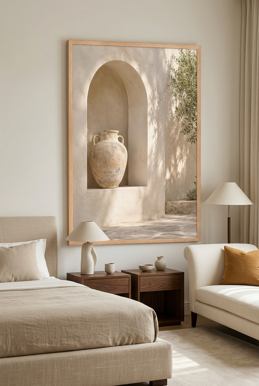 The Amphora Niche — poster in a solid oak frame in a bedroom