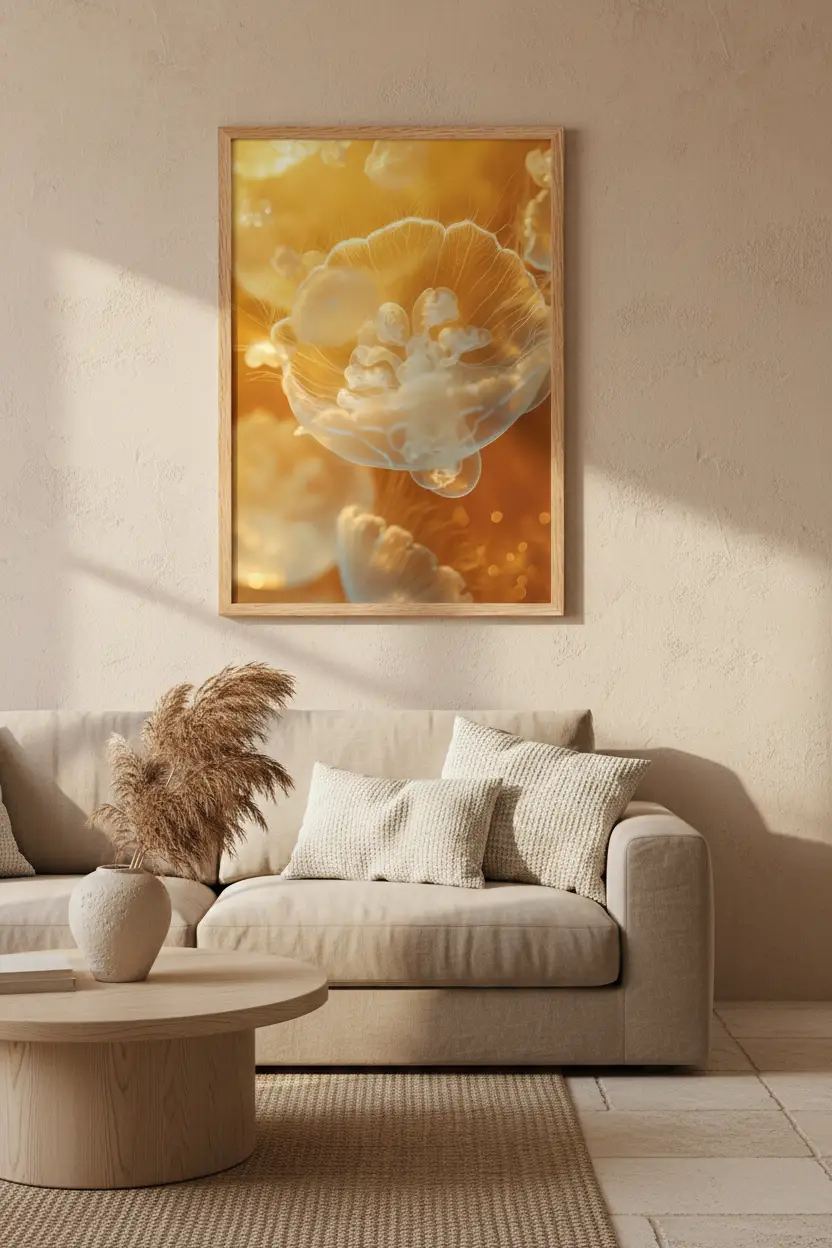 La Méduse — Póster minimalista de pared ámbar dorado medusa translúcida