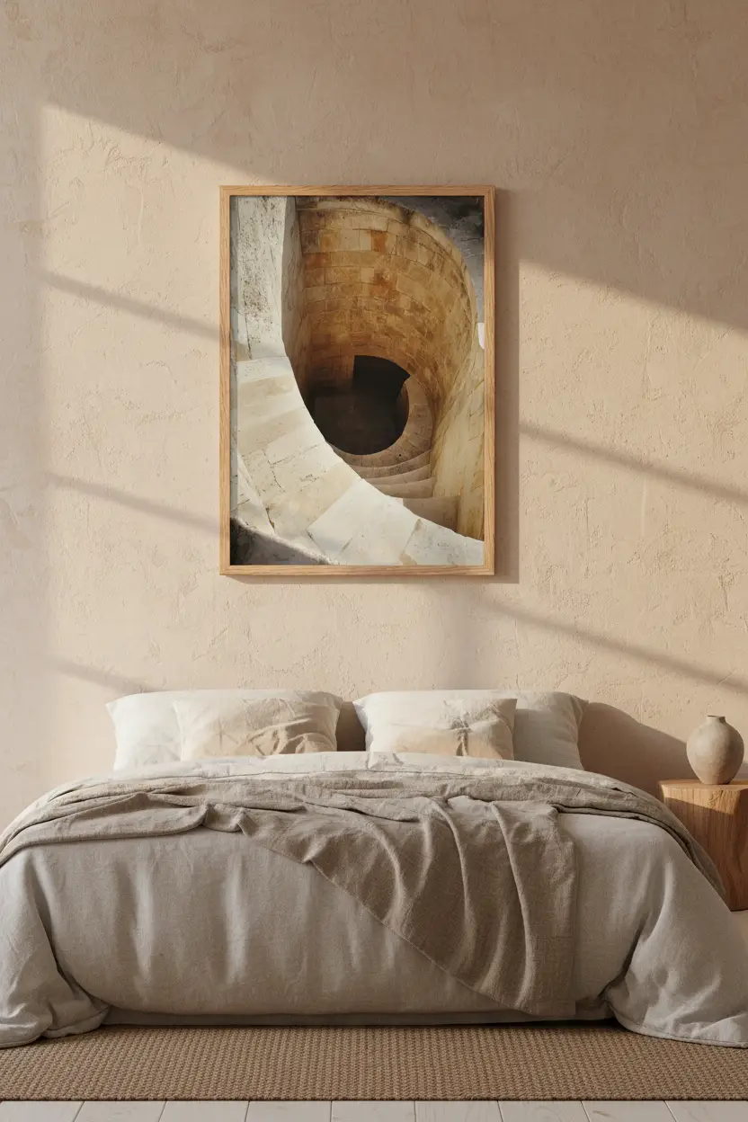La Descente — Affiche murale minimaliste ivoire sable escalier spiral pierre vertigineux — affiche murale minimaliste | Cassili-home