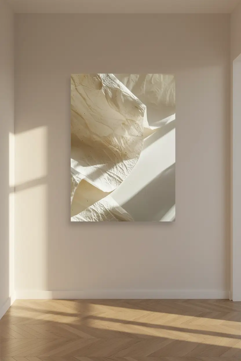 Le Papier Froissé — Affiche murale minimaliste macro texture papier japonais washi ivoire abstrait, affiche murale minimaliste avec cadre bois, décoration murale salon ou chambre, style méditerranéen