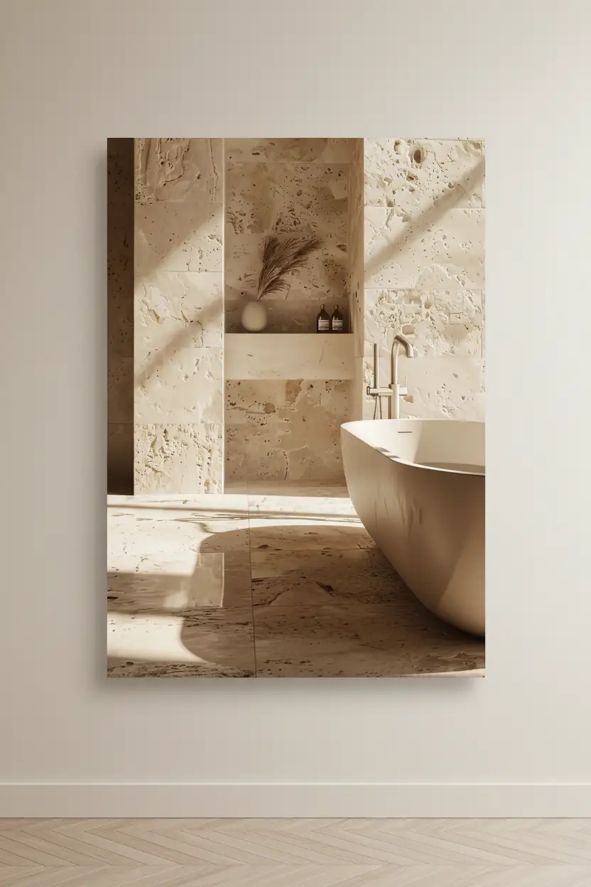 La Niche de Travertin — Affiche murale minimaliste salle de bain travertin brut niche pampa baignoire îlot lumière, affiche murale minimaliste avec cadre bois, décoration murale salon ou chambre, style méditerranéen