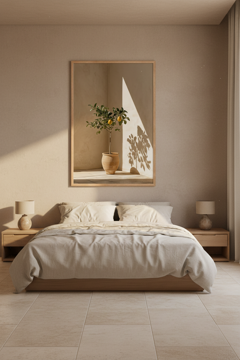 Affiche Le Citronnier de Terre Cuite encadrée chêne au-dessus d'un lit en lin — citronnier en jarre de terre cuite dans l'angle d'un mur ocre