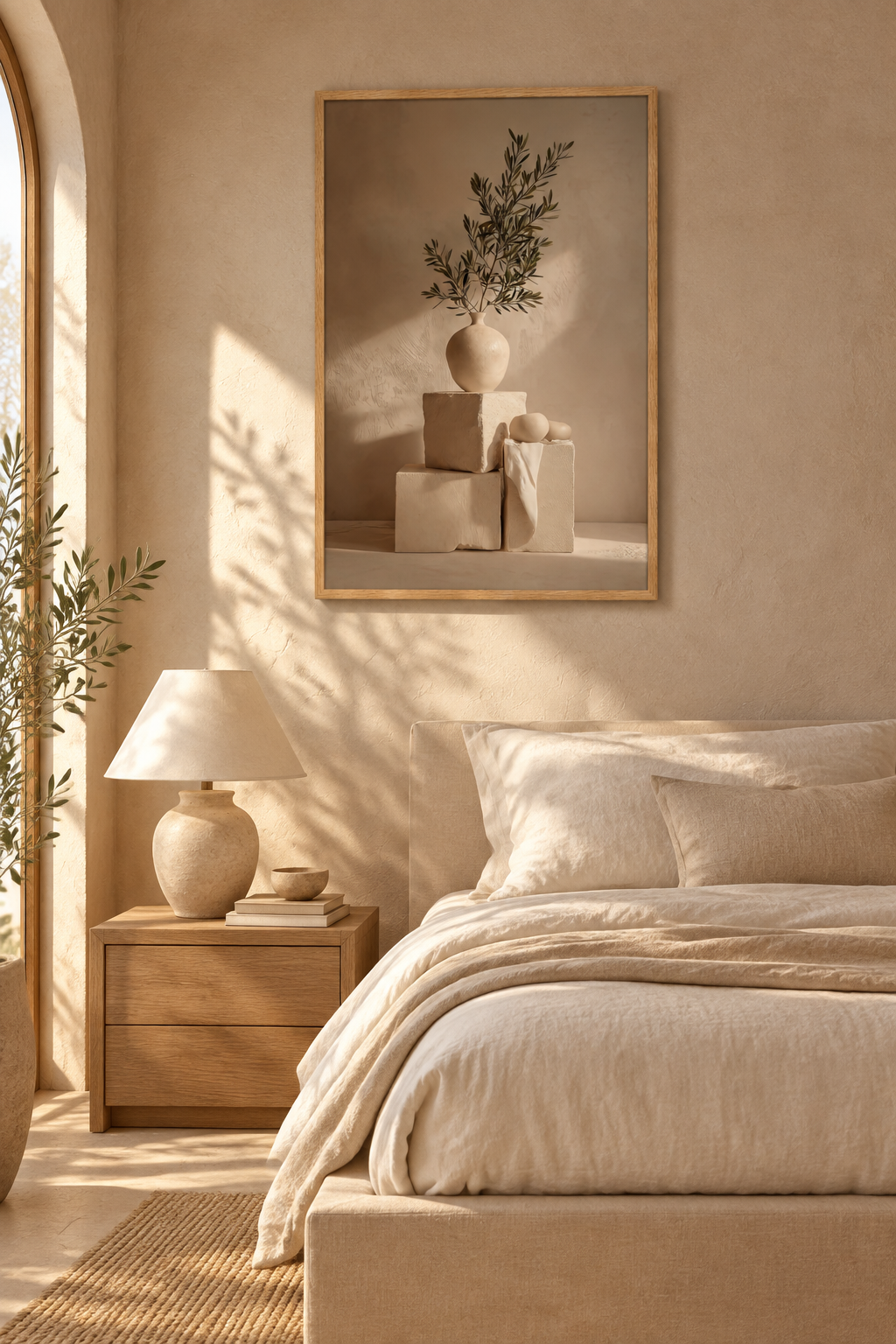 Poster Das Gleichgewicht aus Kreide — kugelförmige Vase auf Kreideblöcken, über einem Leinenbett in einem hellen Schlafzimmer