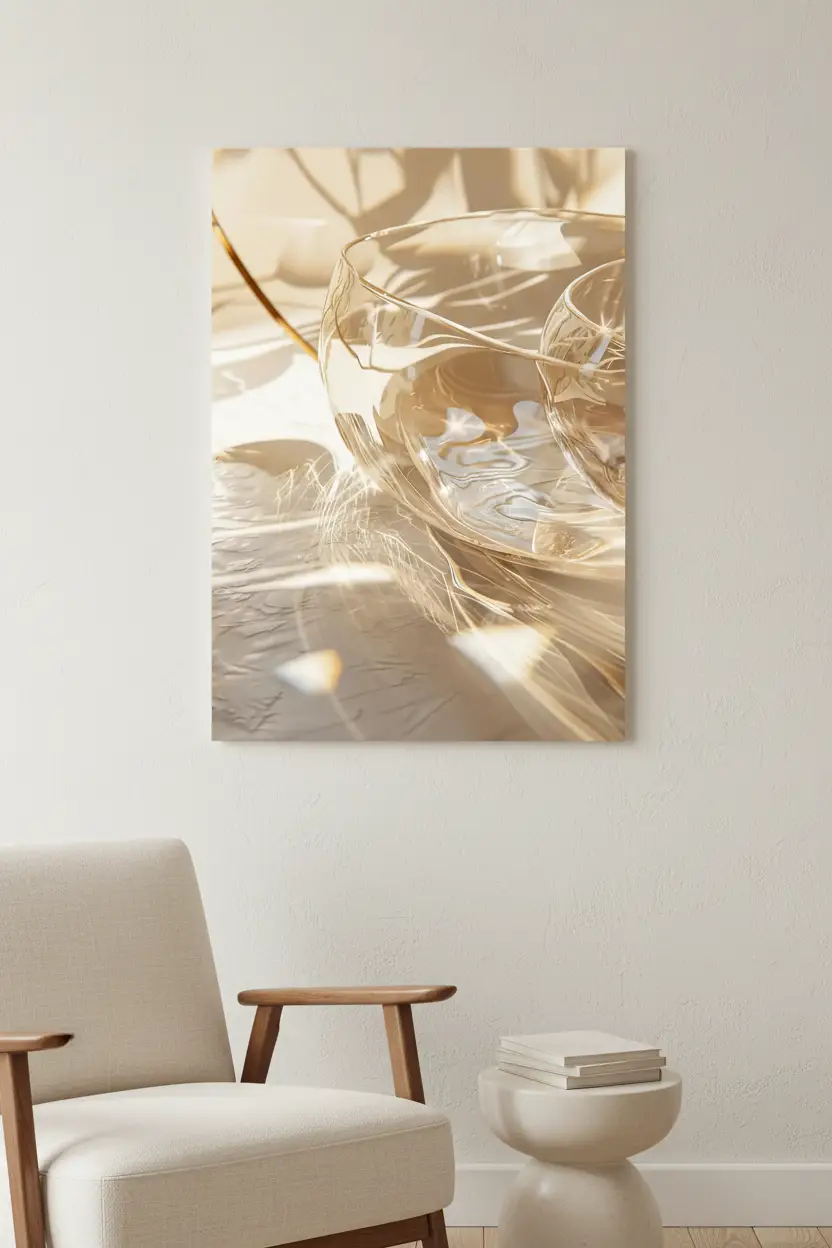 Le Prisme — Affiche murale minimaliste ivoire verre reflets prismatiques lumière, affiche murale minimaliste avec cadre bois, décoration murale salon ou chambre, style méditerranéen