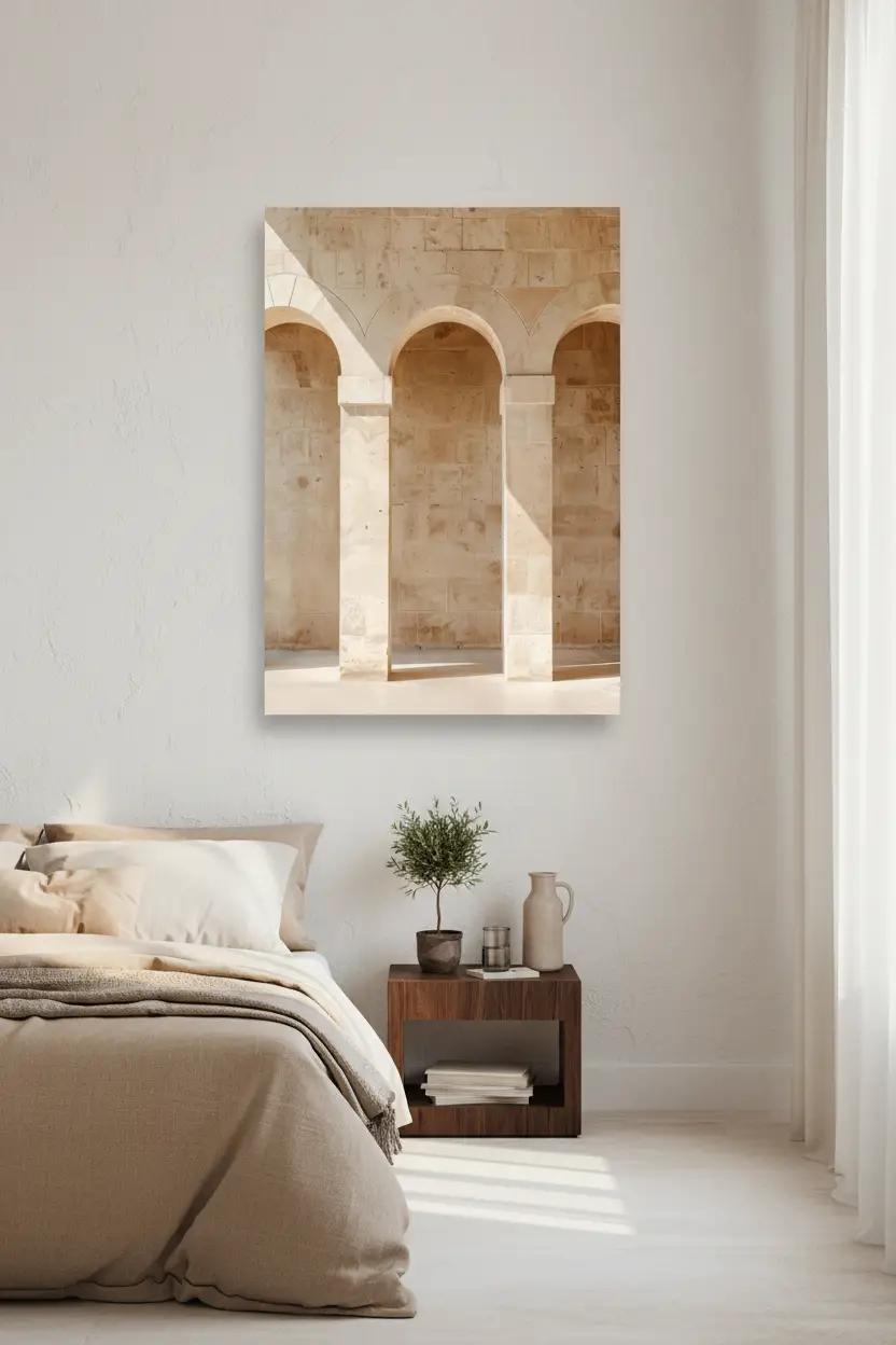 Les Trois Arches — Affiche murale minimaliste arches romanes pierre calcaire beige, affiche murale minimaliste avec cadre bois, décoration murale salon ou chambre, style méditerranéen