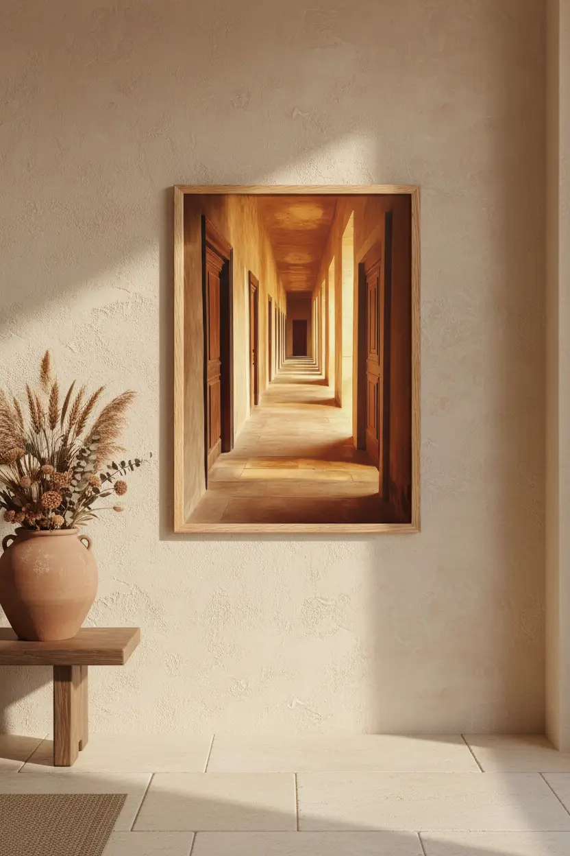 Le Couloir — Affiche murale minimaliste terracotta sable portes bois perspective — affiche murale minimaliste | Cassili-home