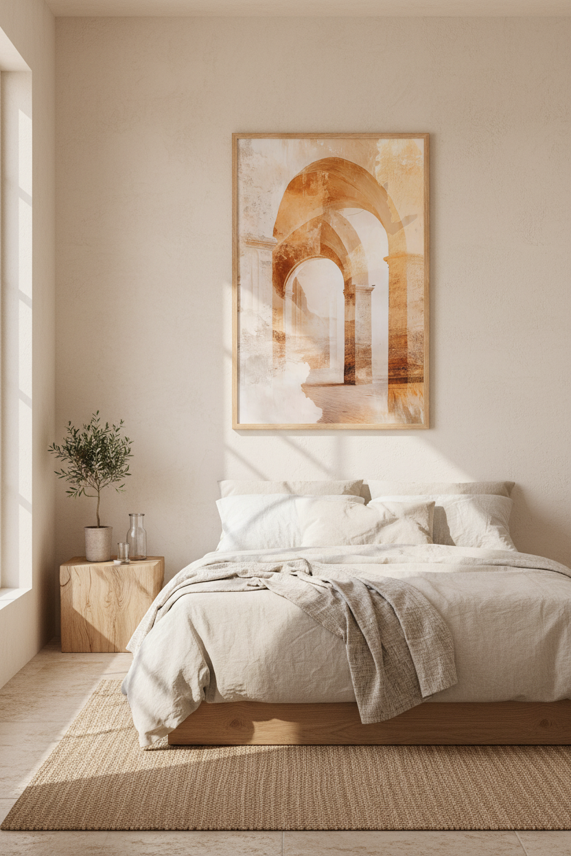 The Golden Arches poster in an oak frame in a bedroom — Romanesque arches in gold and sand watercolor