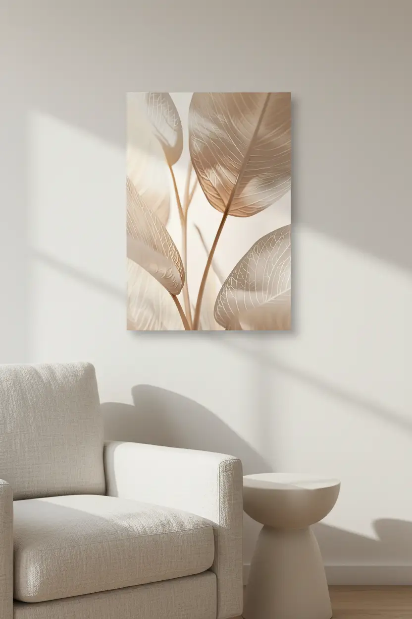 Les Feuilles d’Ivoire — Affiche murale minimaliste sable champagne végétal translucide, affiche murale minimaliste avec cadre bois, décoration murale salon ou chambre, style méditerranéen