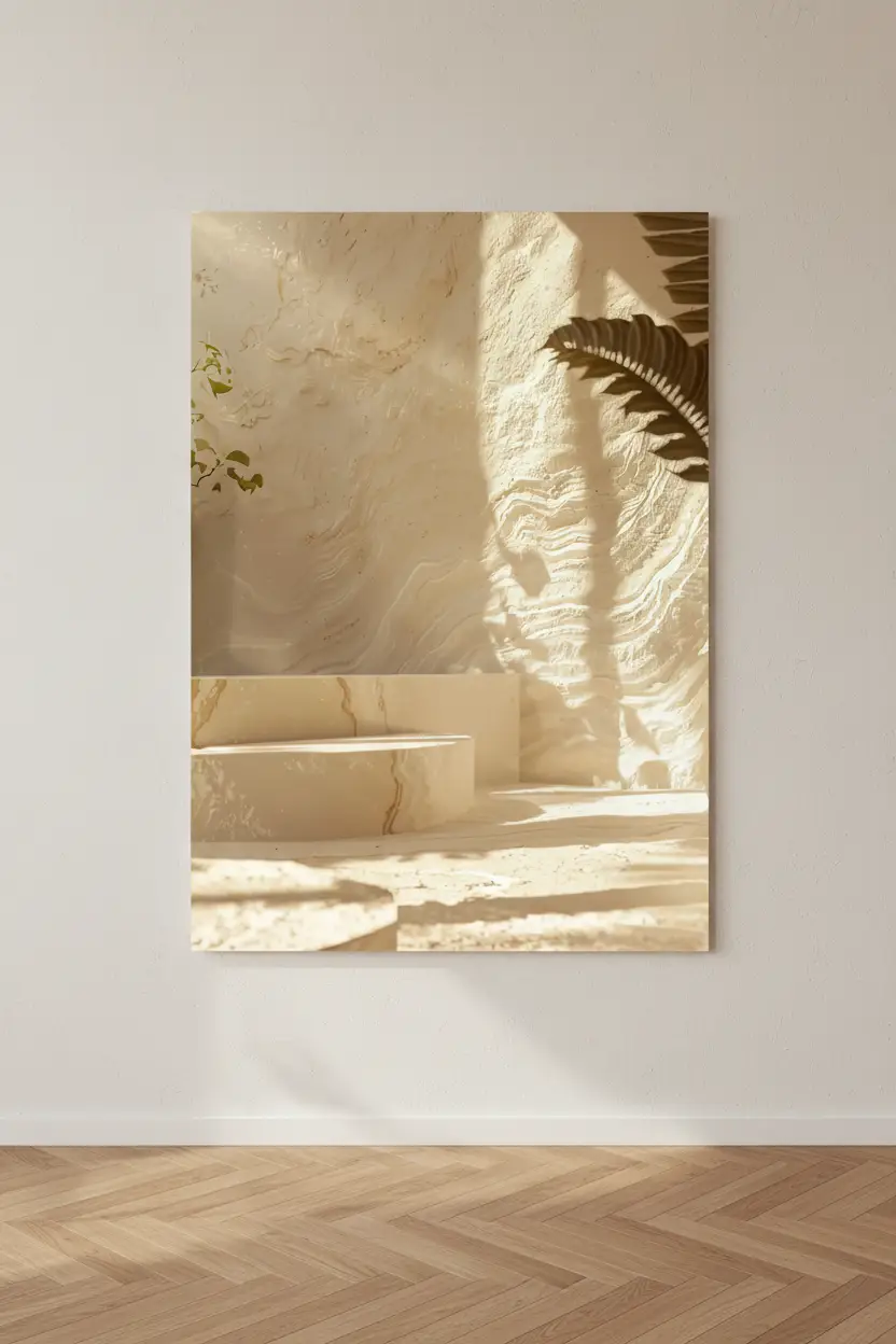 La Cour de Lumière — Affiche murale minimaliste travertin crépi sable ombre fougère méditerranéenne, affiche murale minimaliste avec cadre bois, décoration murale salon ou chambre, style méditerranéen