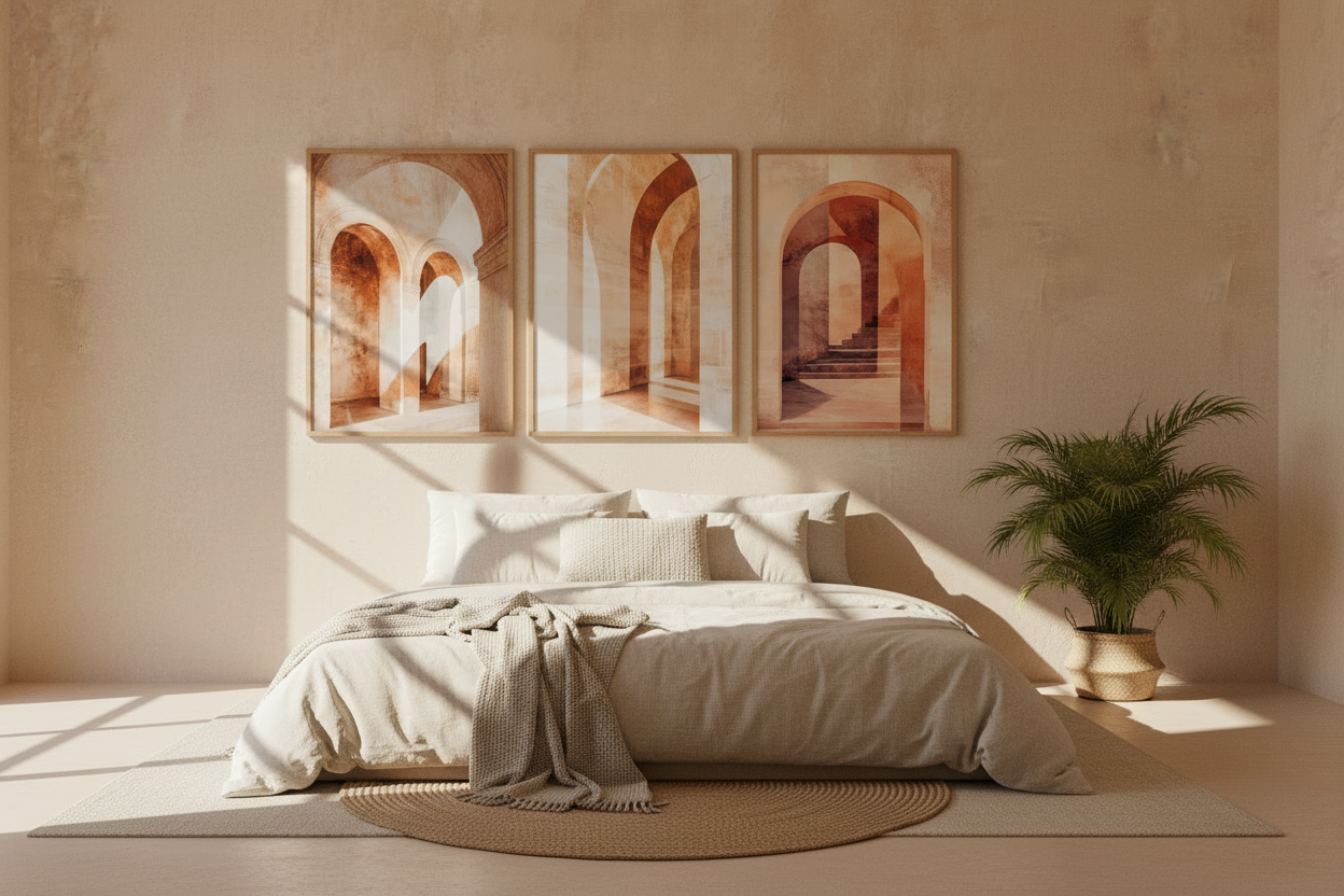 The three panels of the The Passage of the Arches triptych side by side — terracotta limestone arches