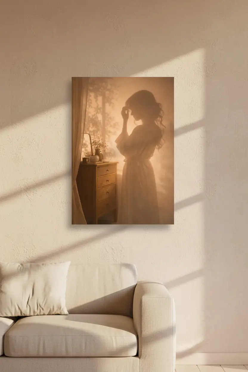 Le Rituel du Soir — Affiche murale minimaliste silhouette féminine brume dorée chambre, affiche murale minimaliste avec cadre bois, décoration murale salon ou chambre, style méditerranéen