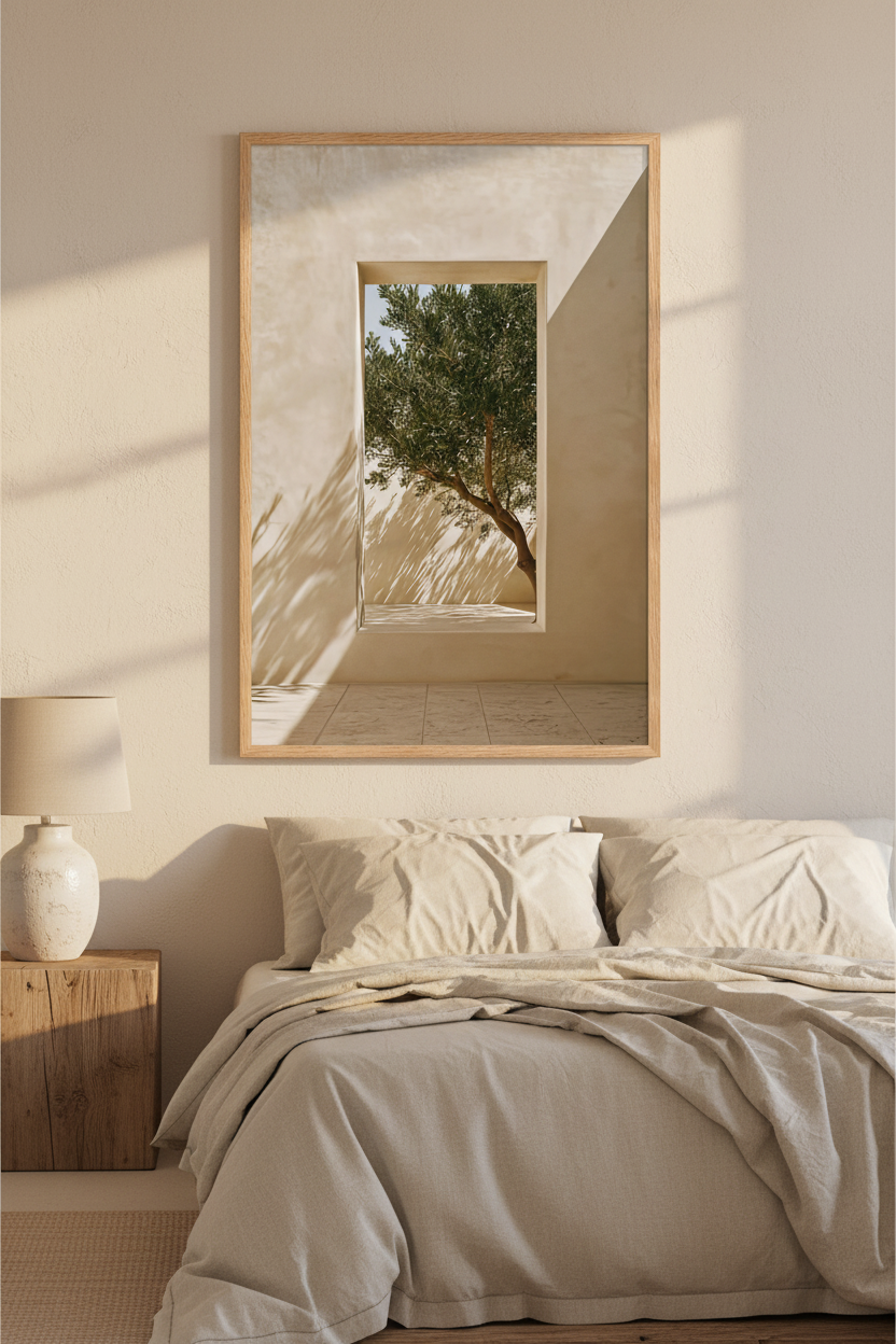 Affiche La Percée de Verdure encadrée chêne au-dessus d'un lit en lin — ouverture taillée dans un mur ivoire sur un olivier penché